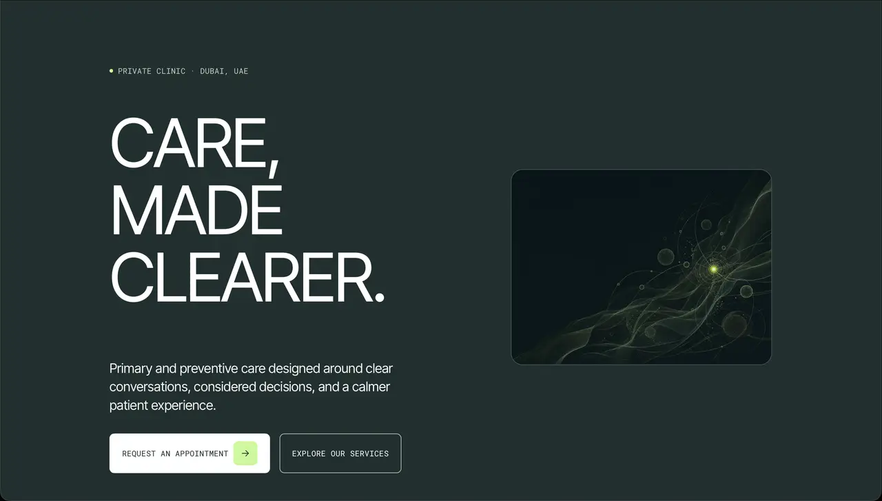 Eliora Clinic concept homepage, a calm patient-first private clinic landing page.