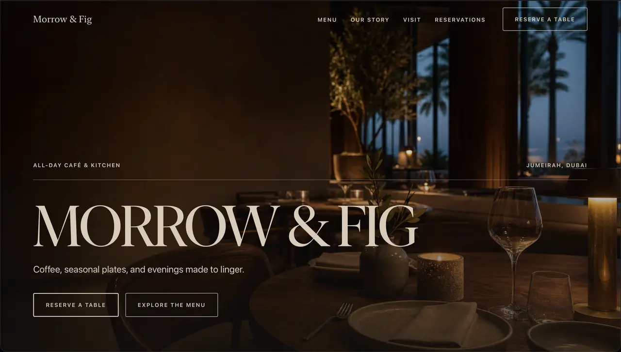 Morrow and Fig concept homepage, a warm all-day cafe landing page.