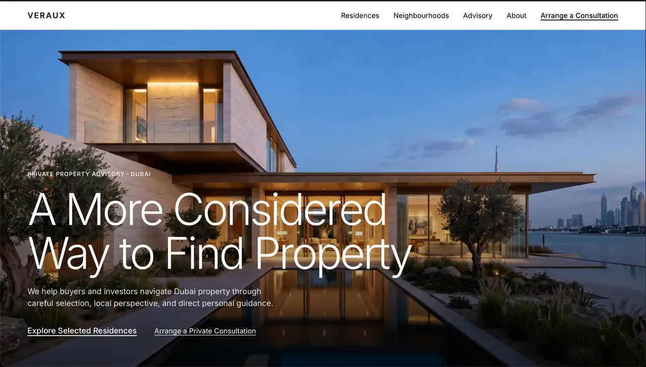 VERAUX Private Residences concept homepage, an editorial luxury property landing page.