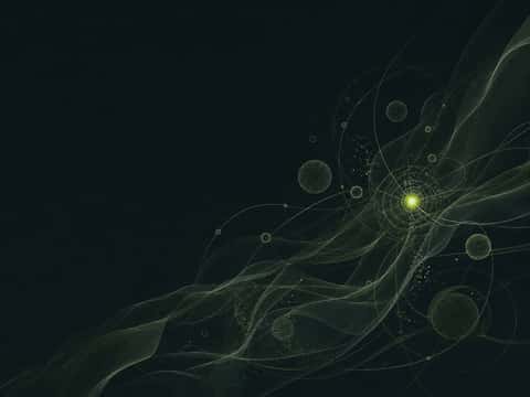 Abstract dark green field of flowing filament lines and faint rings gathering around a single luminous point.