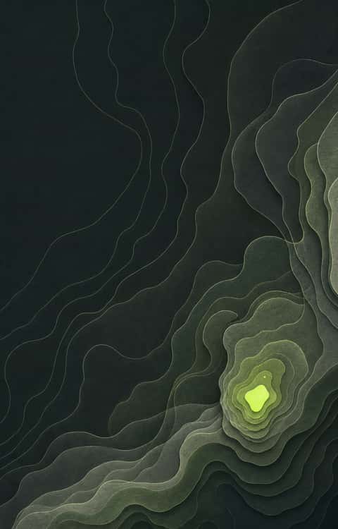 Abstract layered topographic contours opening toward a soft luminous point, suggesting patterns reviewed over time.