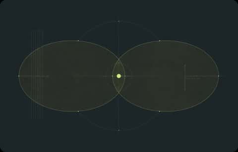 Two overlapping elliptical orbits meeting at a central luminous point, drawn in calm technical linework.