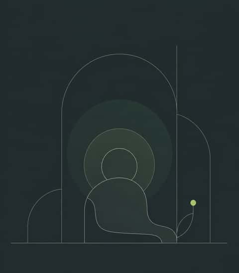Abstract seated silhouette within soft arched linework and a quiet aura, with a small luminous accent.