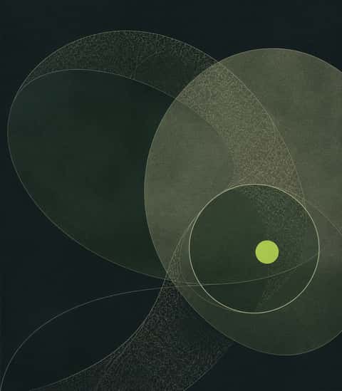Abstract overlapping circular orbits with a single luminous point held in a fine ring.