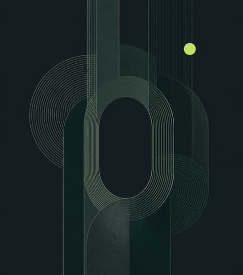 Abstract overlapping oval linework in dark green, with a single luminous point.
