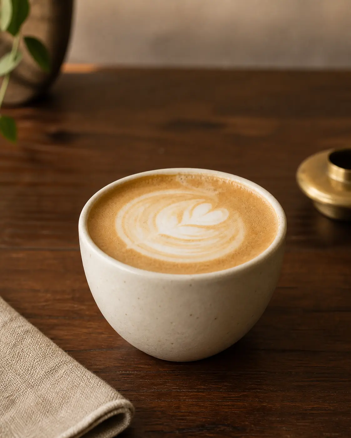 A flat white with leaf latte art in a cream ceramic cup on a dark wood table, a linen napkin and a small brass dish alongside.
