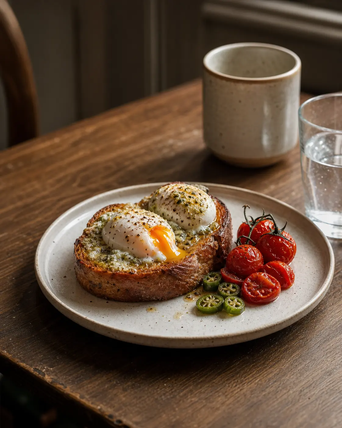 Herb-buttered soft eggs on toasted sourdough with a runny yolk, roast vine tomatoes and sliced green chilli, beside a ceramic cup and a glass of water.