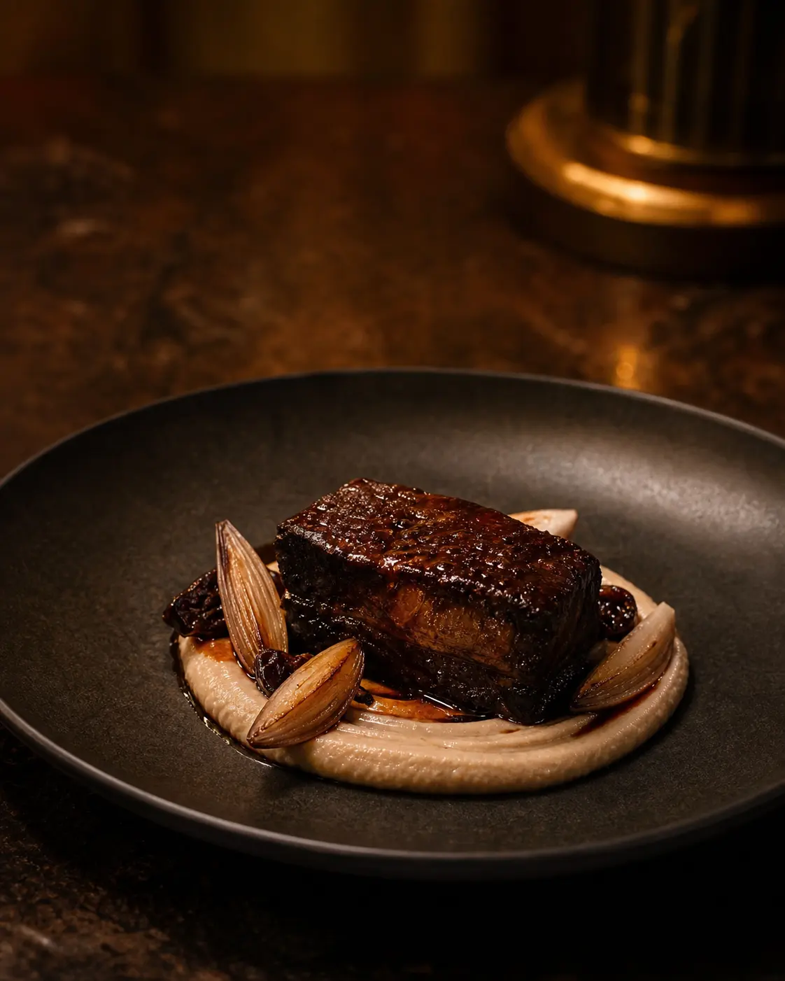 A glossy braised short rib on smoked aubergine purée with almonds, plated on dark stoneware in warm low light.