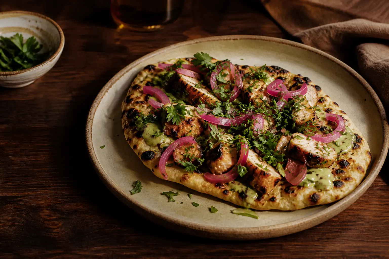 A charred flatbread topped with grilled chicken, green tahini, pickled red onion, and fresh herbs on a stoneware plate.