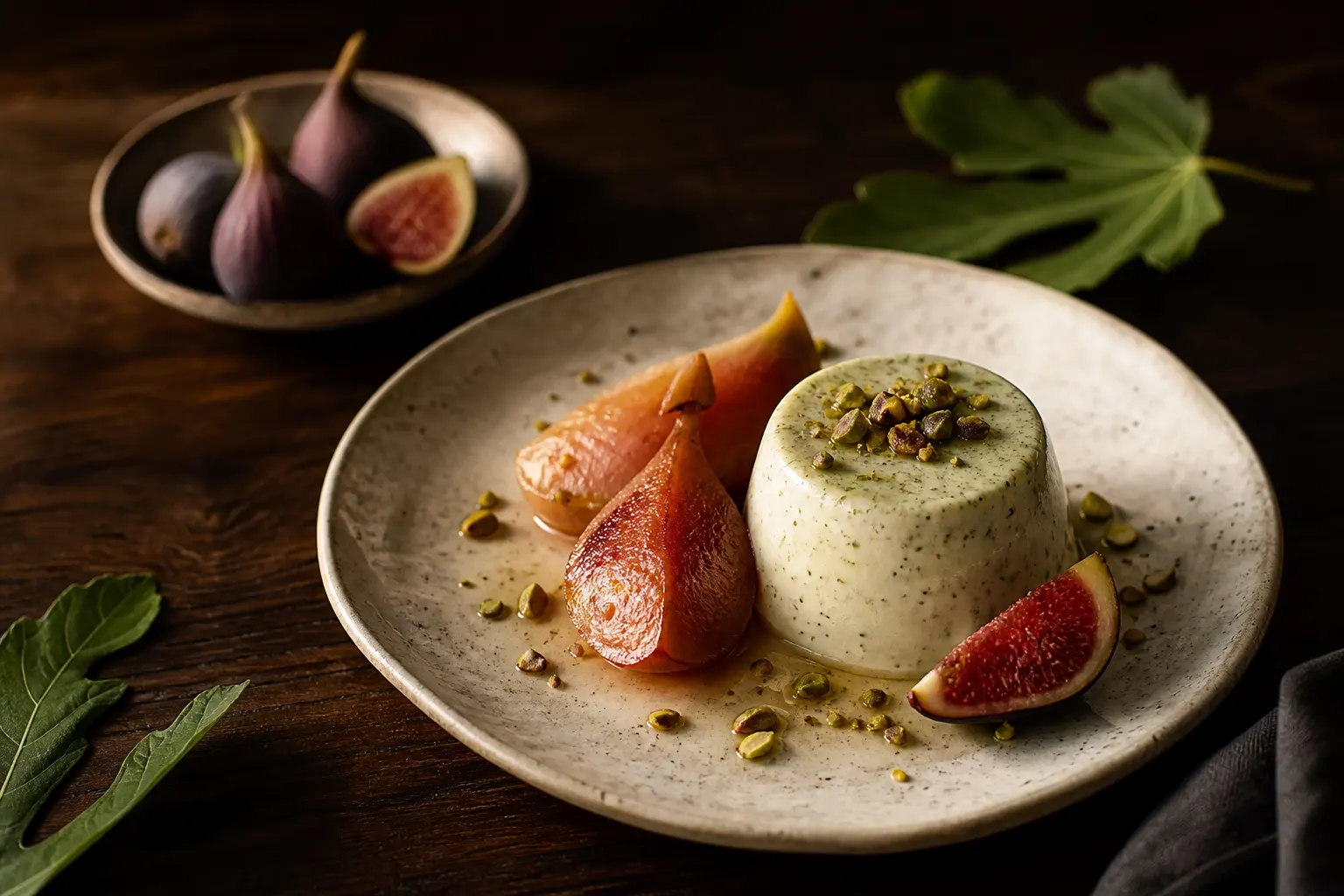 A fig leaf panna cotta on a speckled plate with poached fruit and crushed pistachio, fresh figs and fig leaves alongside.
