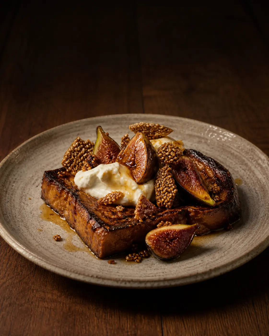 Burnt honey French toast on a stoneware plate, topped with fresh figs, a spoon of labneh cream, and sesame brittle.