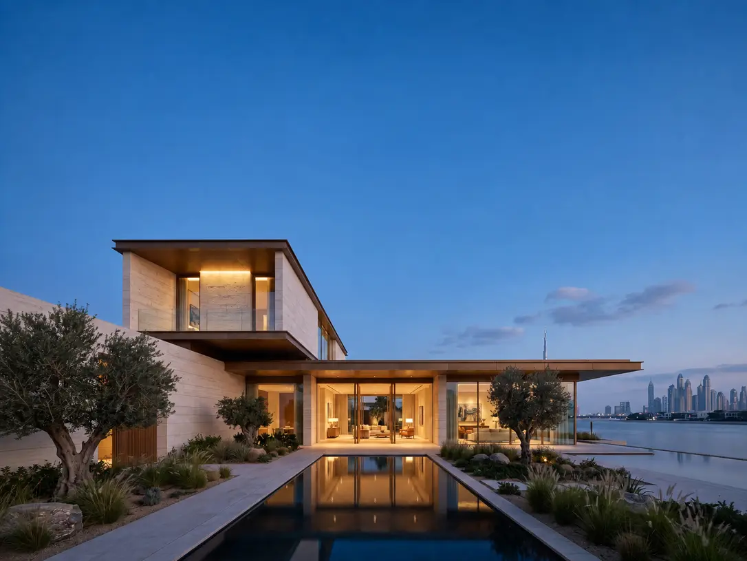 A contemporary Dubai waterfront villa at blue hour, a reflecting pool leading to a warmly lit glazed entrance.