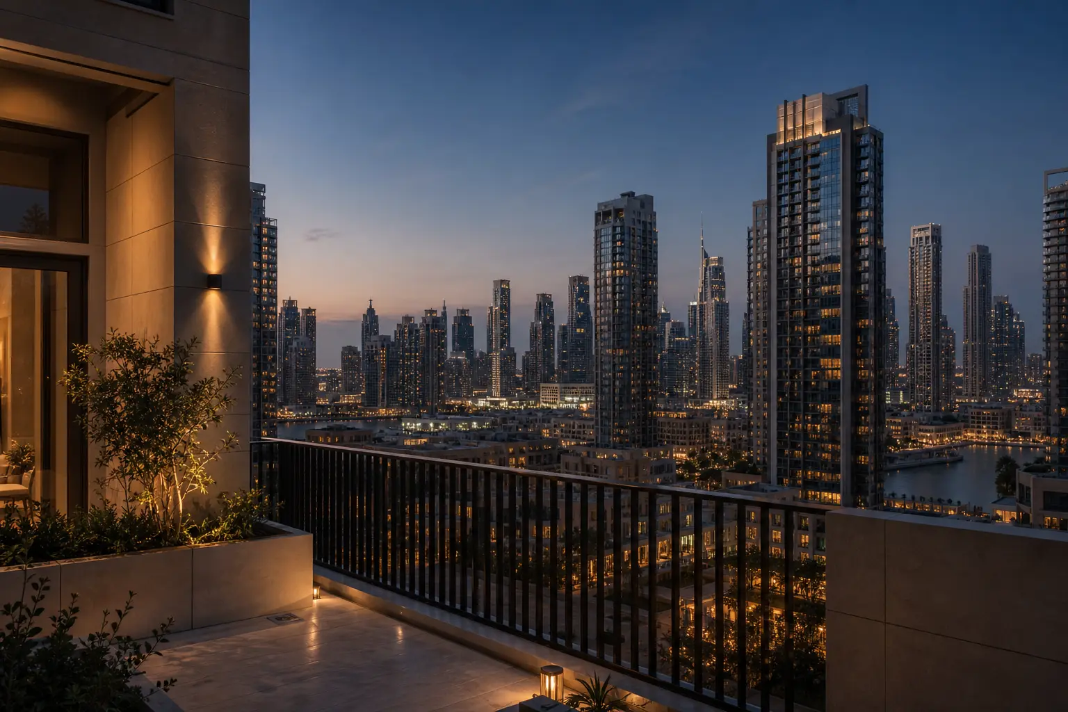 The Downtown Dubai skyline at dusk with tall towers rising above a central boulevard.