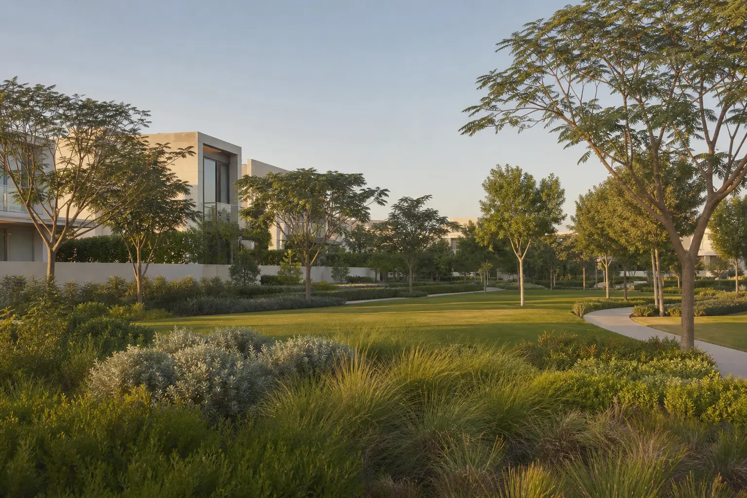 A green residential district with low buildings set among parkland and tree-lined streets.