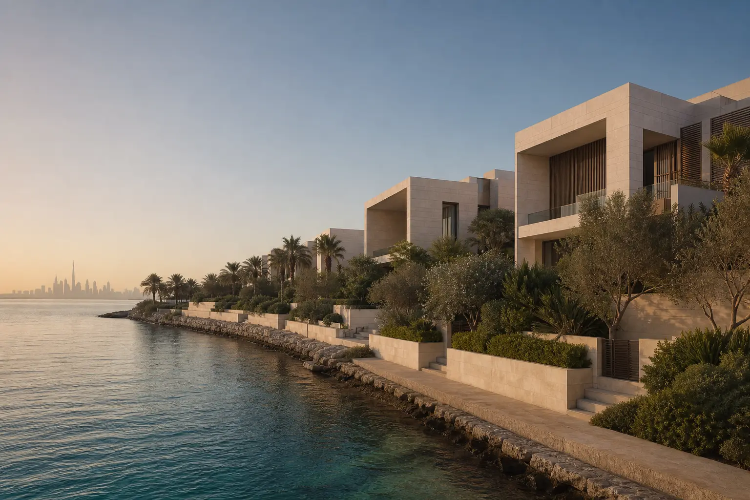 A quiet island enclave of low residences surrounded by water and framed by the coastline.