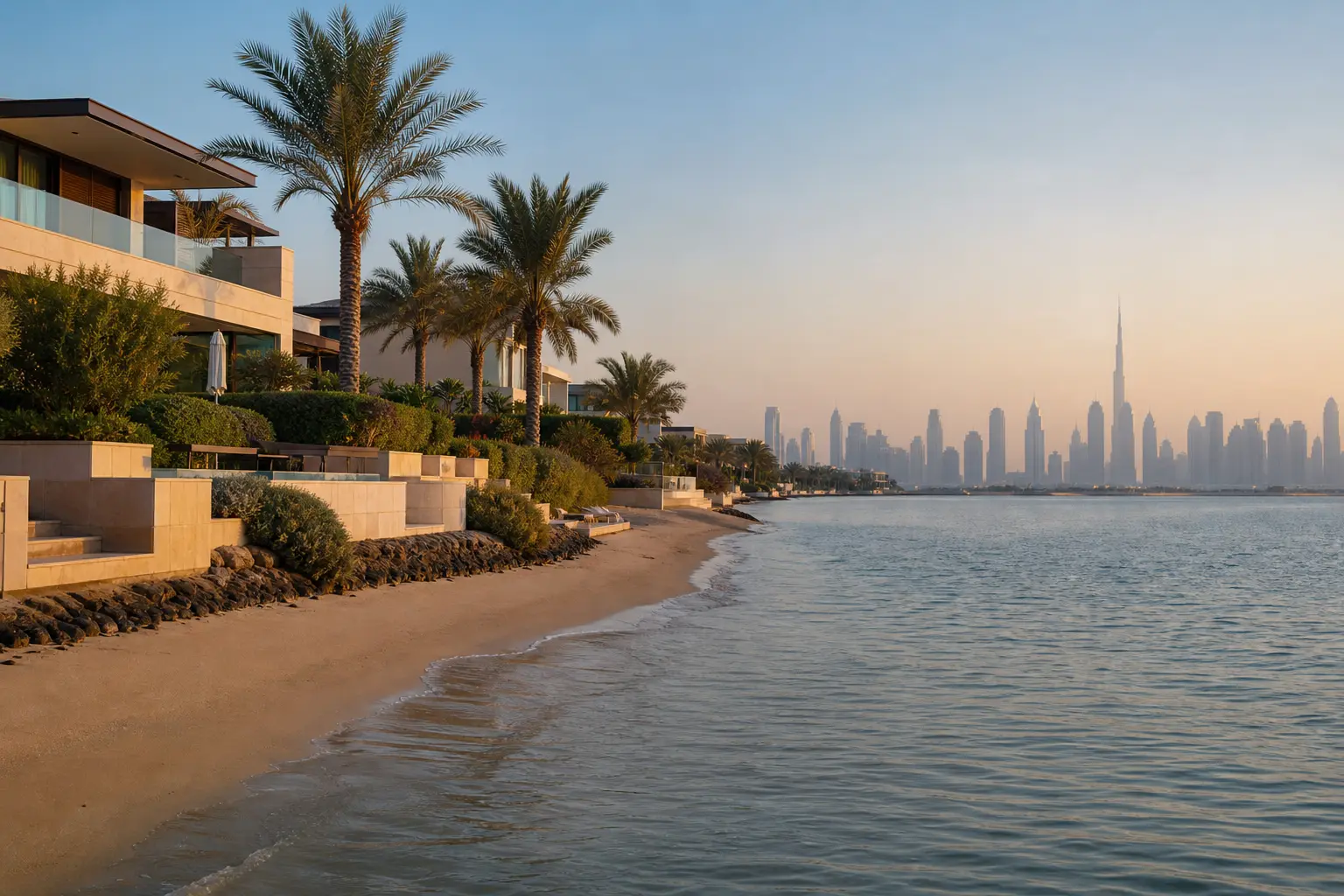 A waterfront view along Palm Jumeirah with low villas and open sky above calm water.