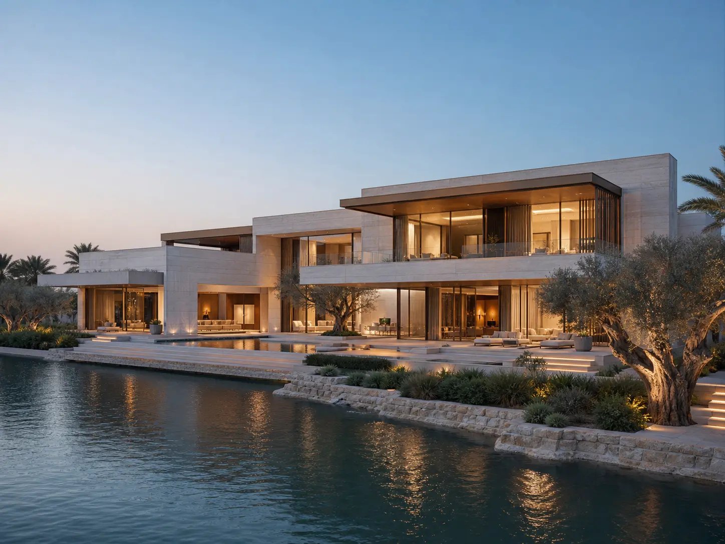 A low waterfront villa with full-height glazing and a shaded terrace facing the shoreline.