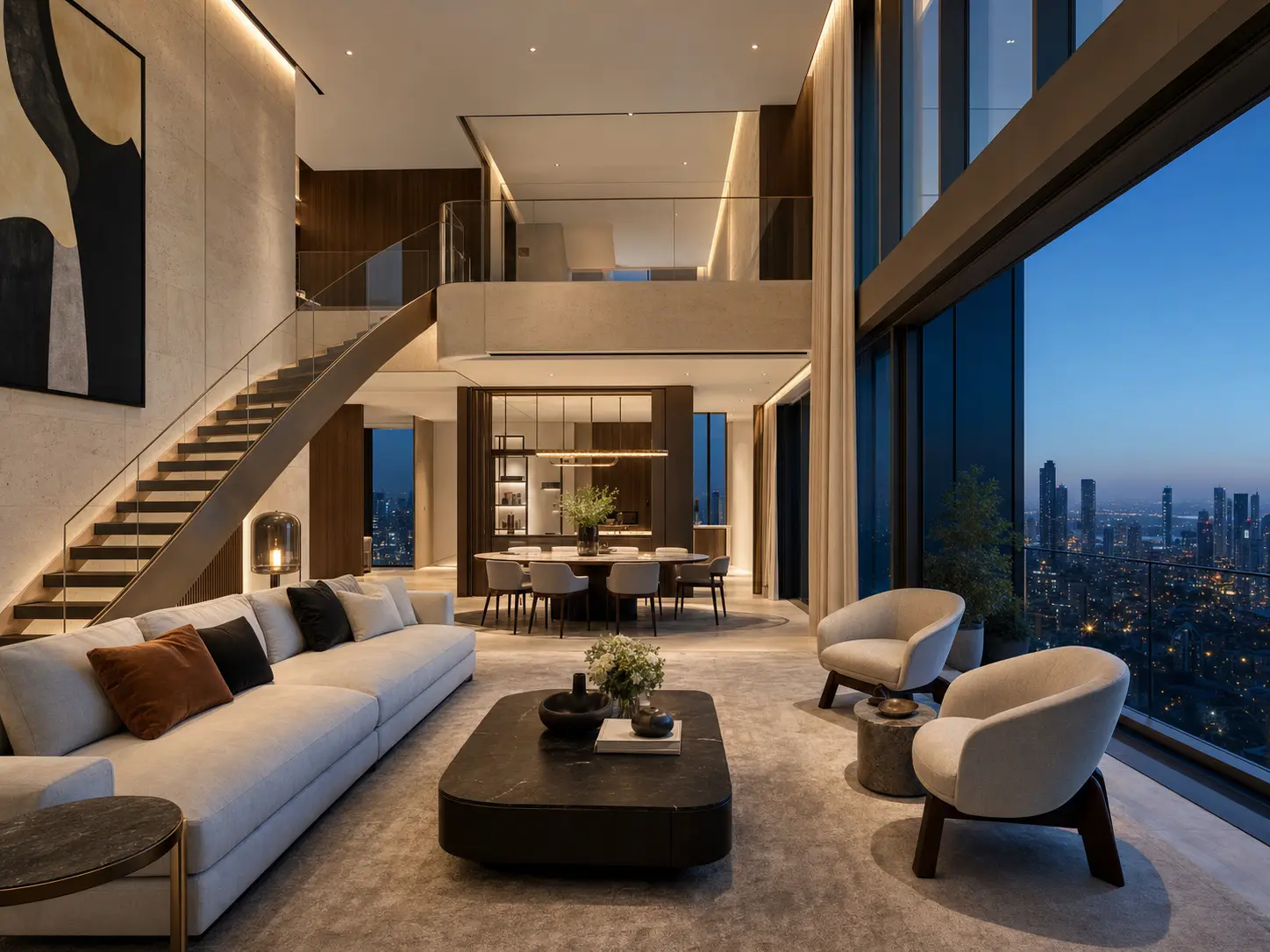 An elevated penthouse living room framing the Downtown Dubai skyline through wide glazing.