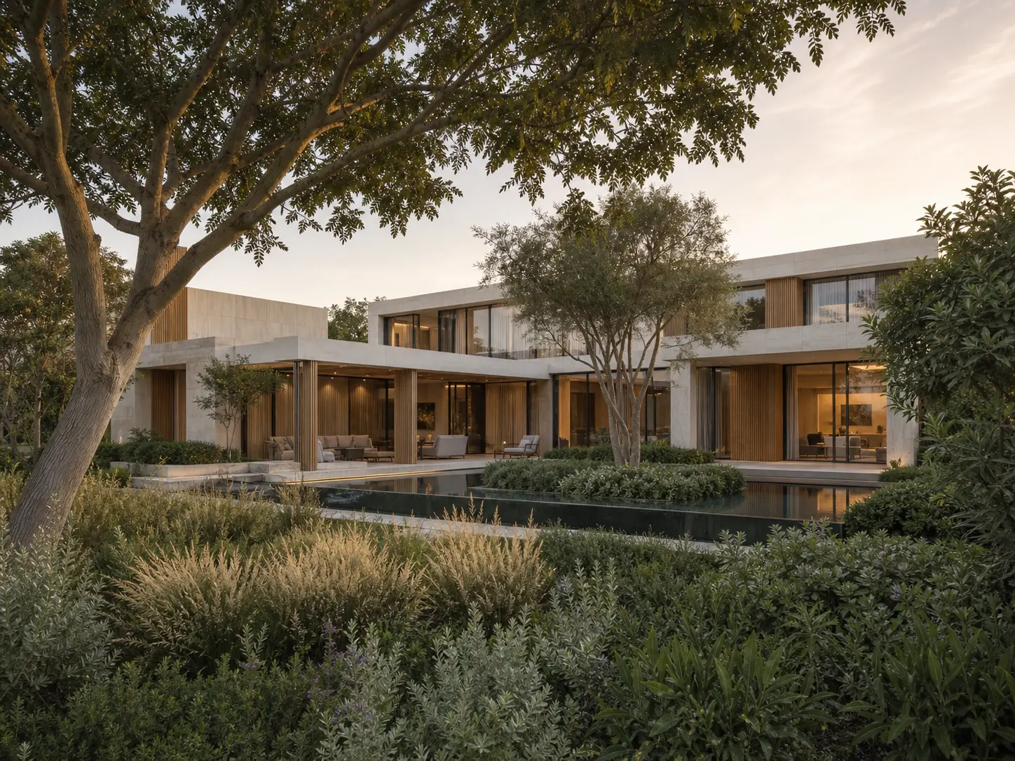 A contemporary limestone residence framed by mature trees and layered garden planting beside a reflecting pool.